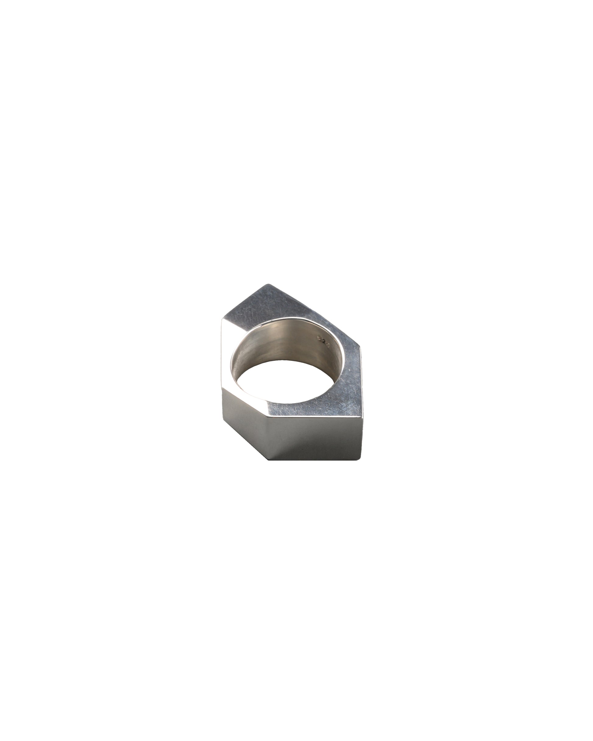 Contemporary silver ring with a unique isometric design, showcasing a minimalist and architectural aesthetic