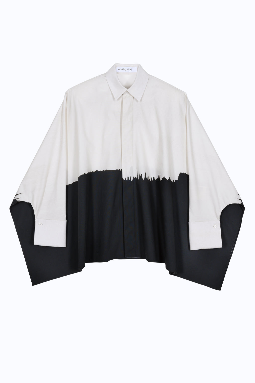 Oversized architecture-inspired kimono-cotton shirt with abstract brushstroke print and sculptural wide sleeves.
