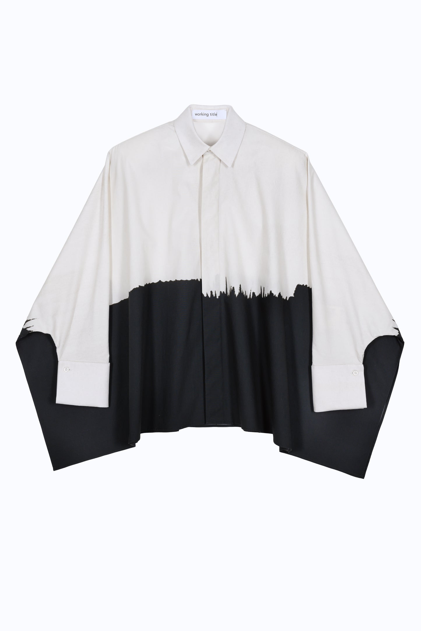 Oversized architecture-inspired kimono-cotton shirt with abstract brushstroke print and sculptural wide sleeves.
