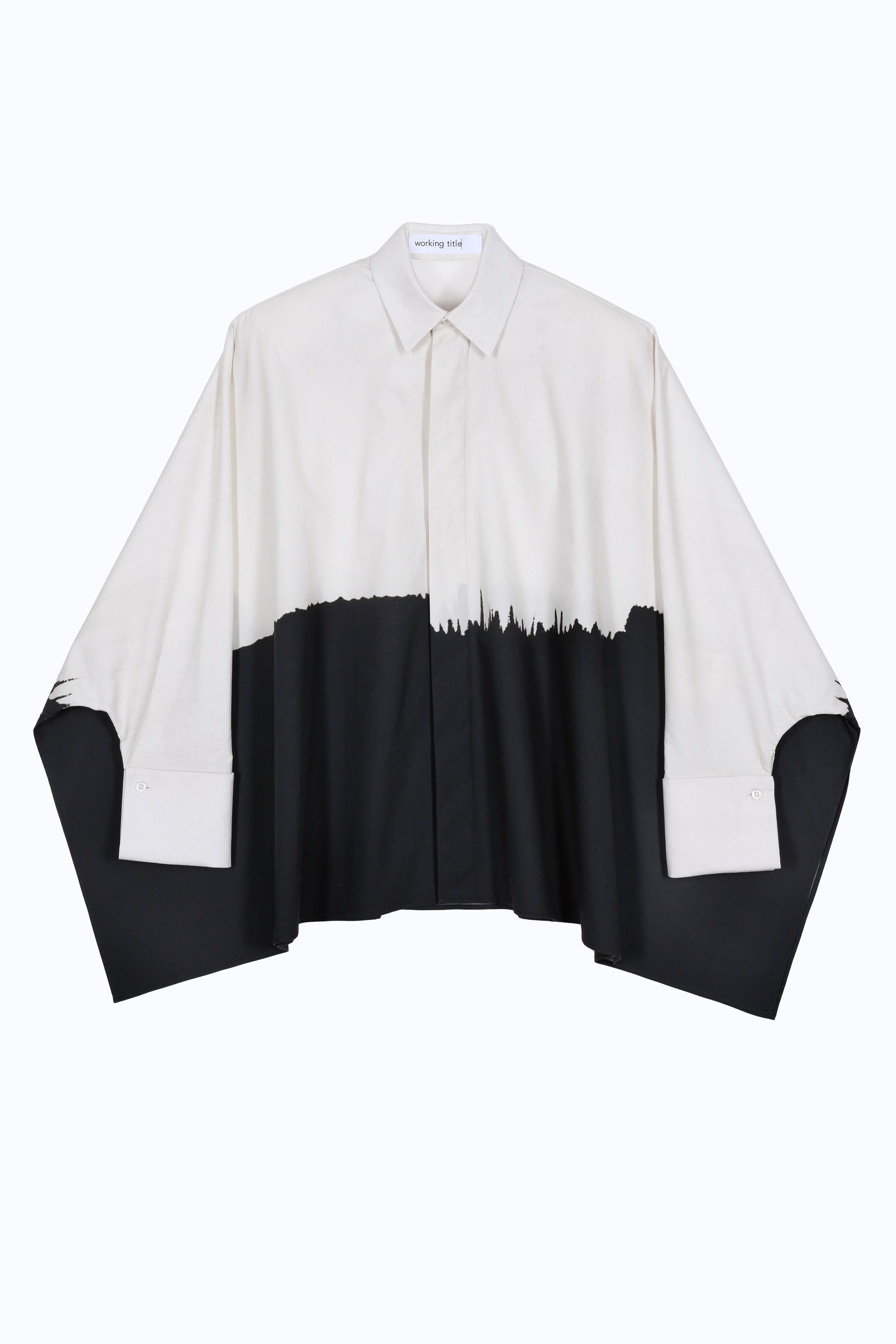 Oversized architecture-inspired kimono-cotton shirt with abstract brushstroke print and sculptural wide sleeves.