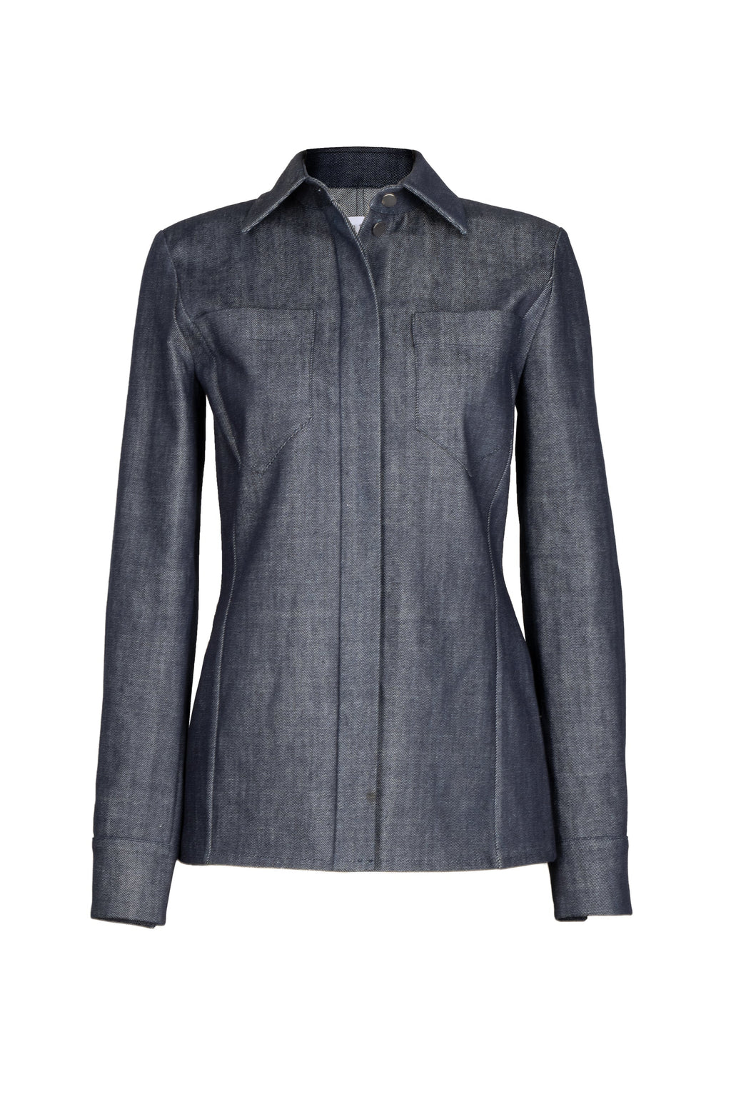 Sophisticated fitted denim shirt in dark denim, featuring a classic collar and subtle stitching, perfect for both casual and formal settings