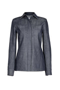 Sophisticated fitted denim shirt in dark denim, featuring a classic collar and subtle stitching, perfect for both casual and formal settings