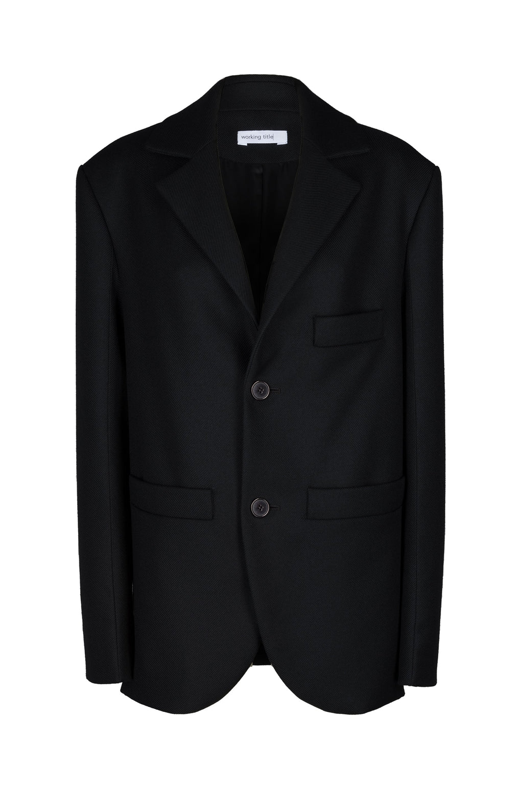 Black oversized unisex blazer crafted from Italian virgin wool with sculptural tailoring and notch lapels.