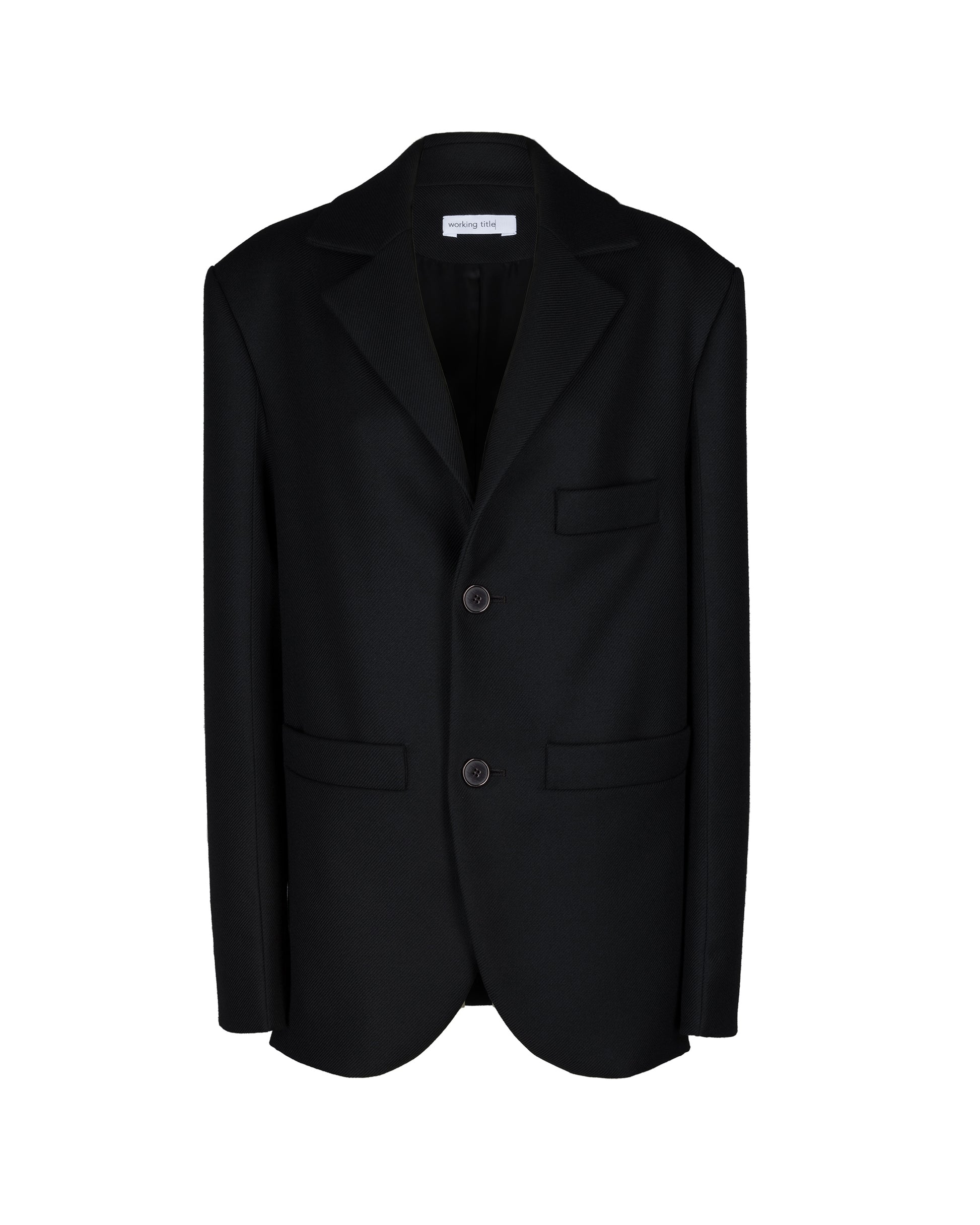 Classic black oversized unisex blazer made from Italian wool, featuring notched lapels and a double-button closure for a timeless and sophisticated look.