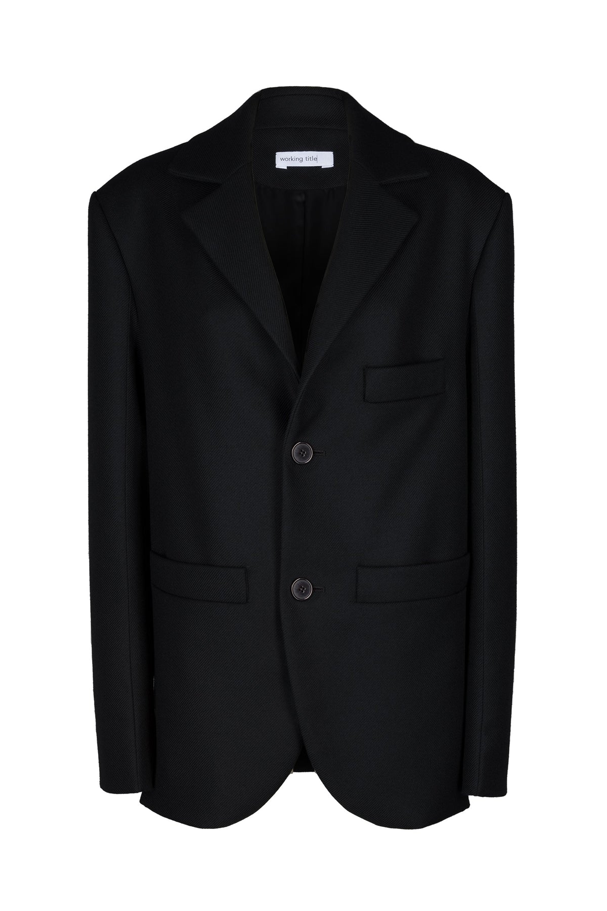 Black oversized unisex blazer crafted from Italian virgin wool with sculptural tailoring and notch lapels.