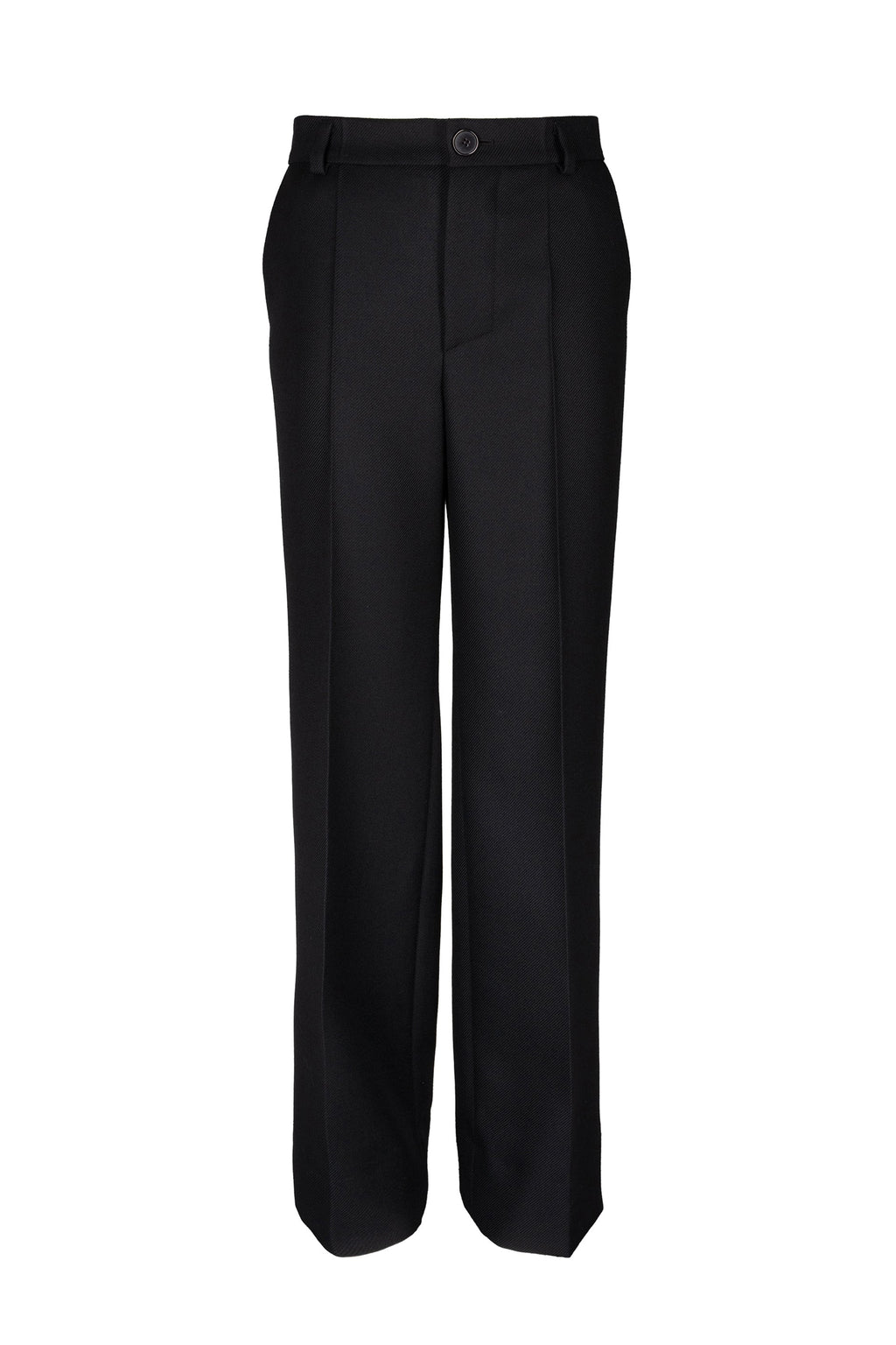 Black woolen pants with straight-leg cut and front pleats, made from premium Italian wool, offering a sleek and tailored appearance.