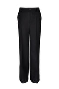 Black woolen pants with straight-leg cut and front pleats, made from premium Italian wool, offering a sleek and tailored appearance.