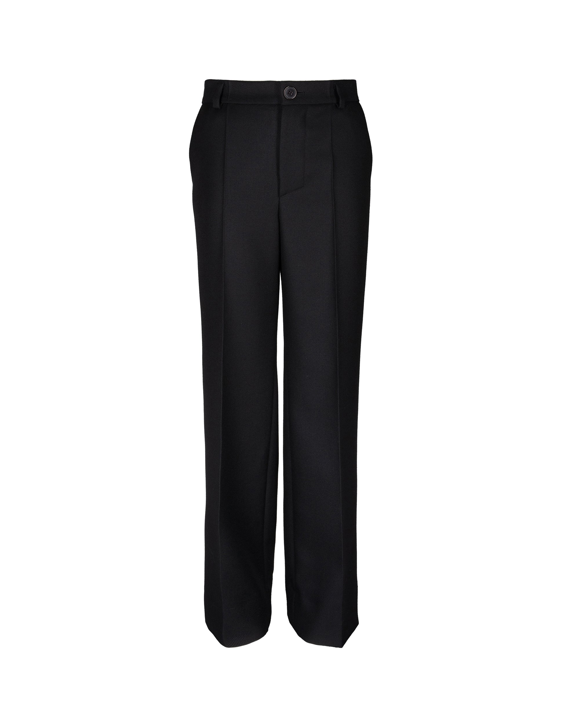 Black woolen pants with straight-leg cut and front pleats, made from premium Italian wool, offering a sleek and tailored appearance.