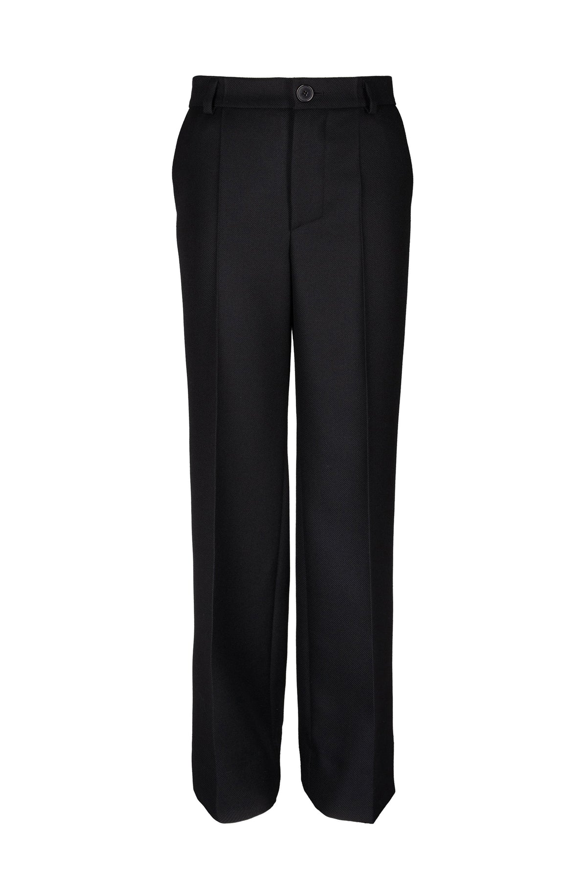 Black woolen pants with straight-leg cut and front pleats, made from premium Italian wool, offering a sleek and tailored appearance.