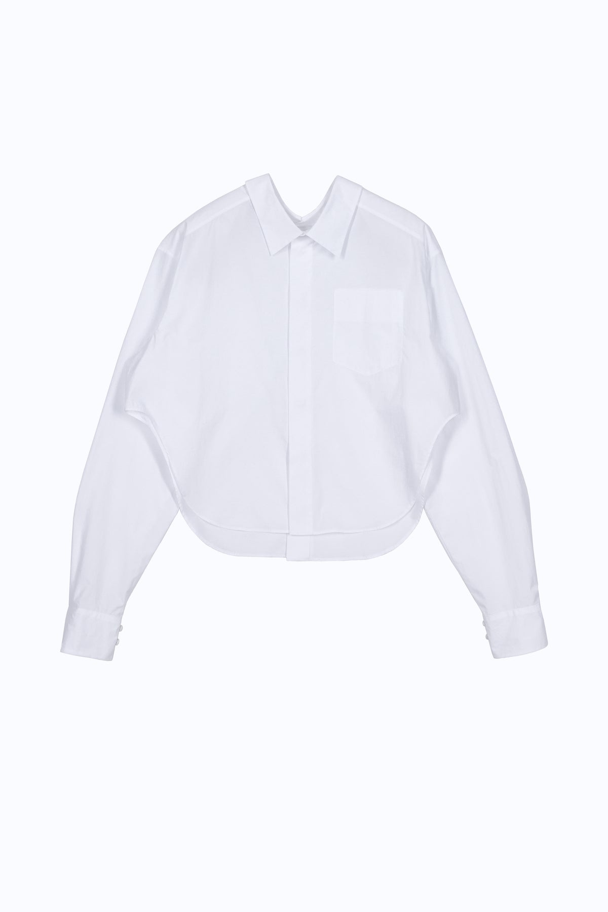 Front view of mirrored cotton shirt with concealed button placket and patch pocket detailing.