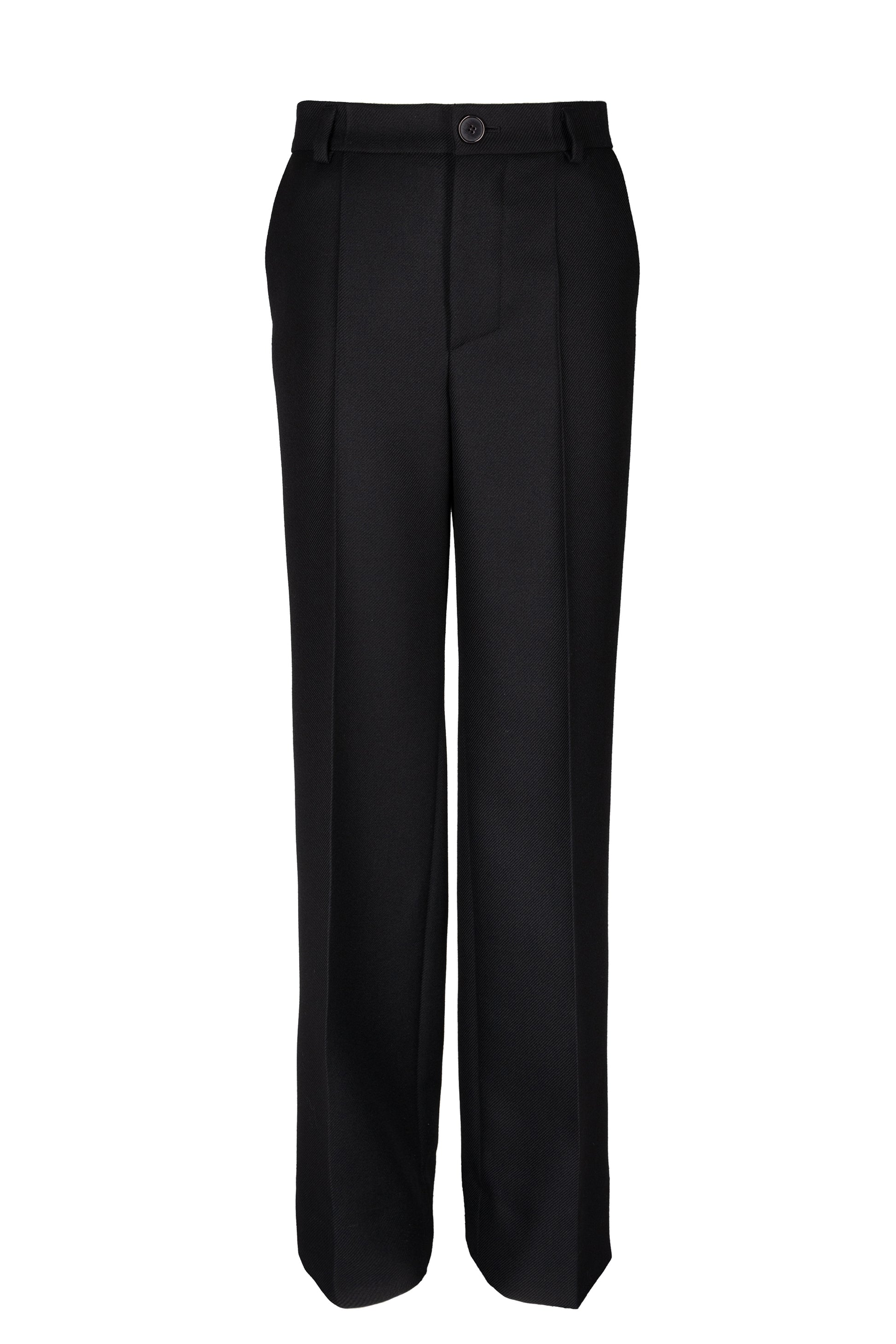 Black woolen pants with straight-leg cut and front pleats, made from premium Italian wool, offering a sleek and tailored appearance.