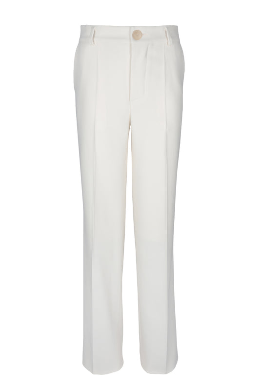 Woolen pants with straight-leg cut and front pleats, made from premium Italian wool, offering a sleek and tailored appearance.
