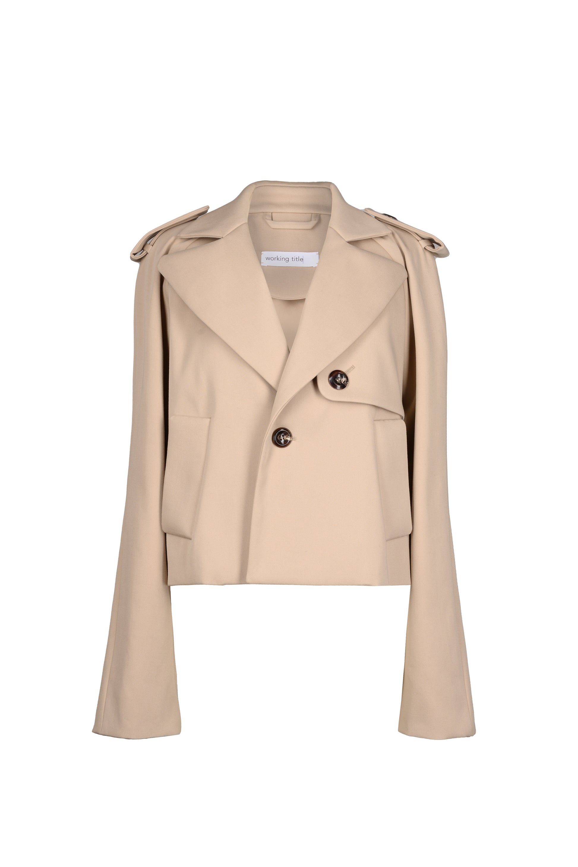 Chic  cropped trench jacket with modern epaulette details, a double-breasted front, and long sleeves, blending classic design with a contemporary cropped cut