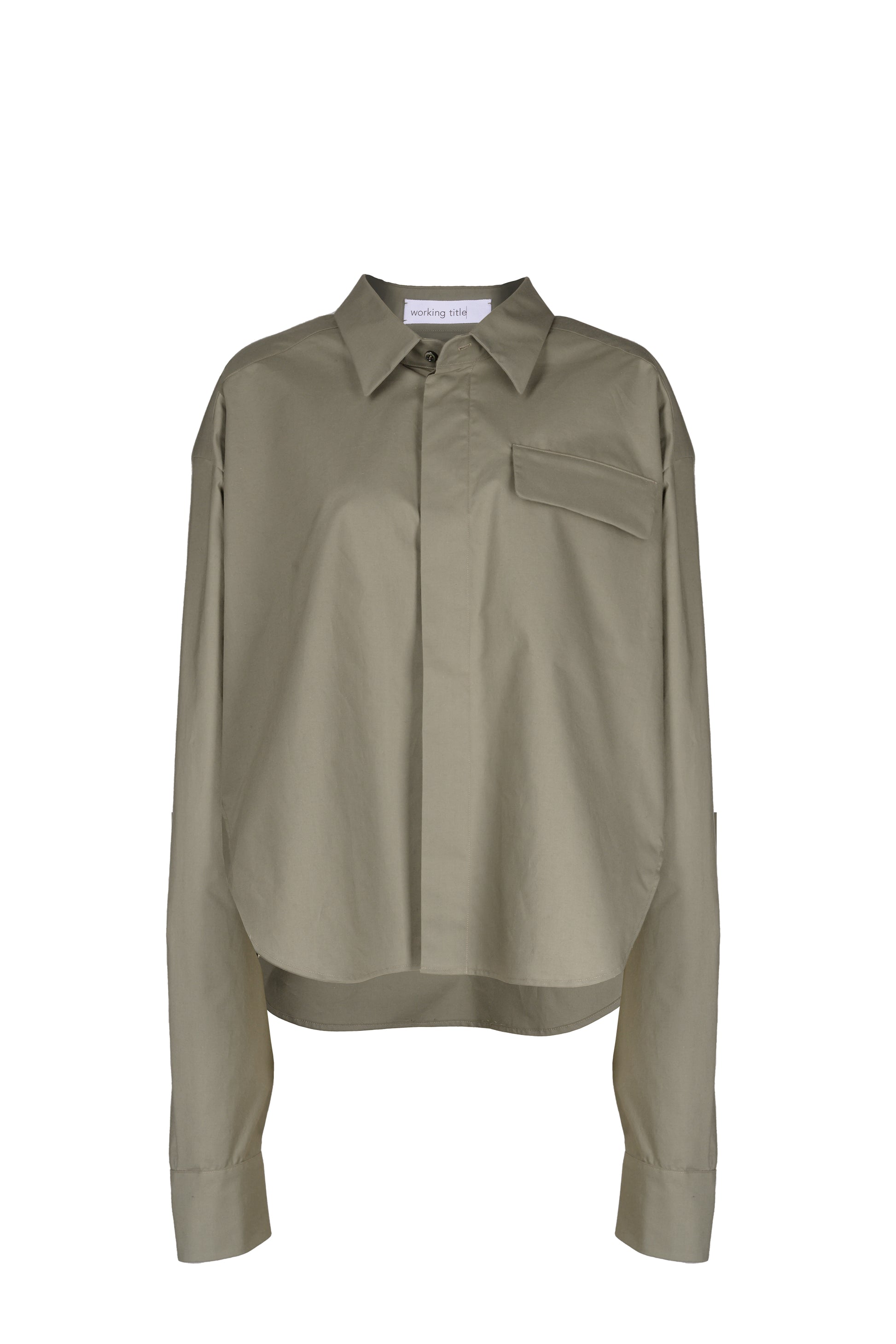 Olive green oversized shirt with classic collar and hidden button placket, made from FSC-certified cotton, styled for a casual to semi-formal look.