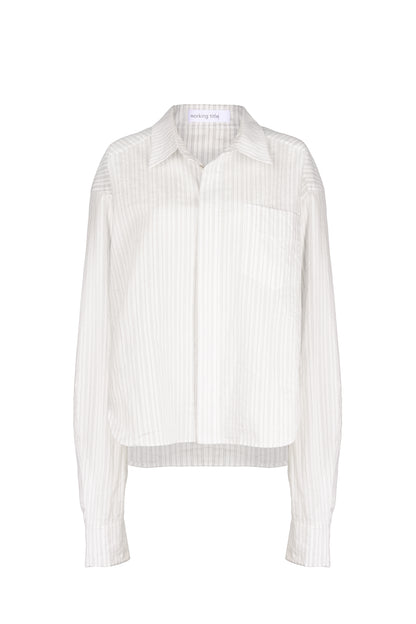 Elegant oversized cotton silk shirt with a classic collar and subtle striped pattern, ideal for both casual and formal wear.