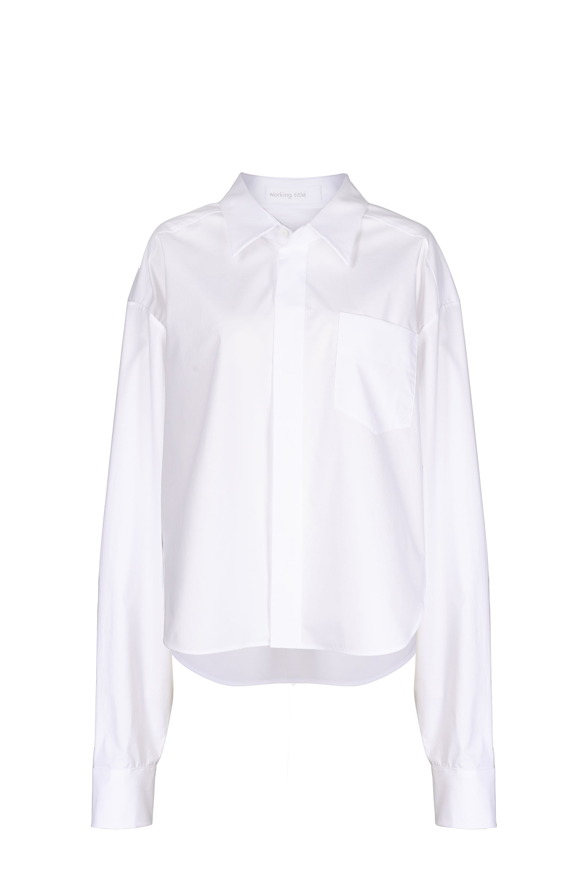 Modern white oversized shirt with a sharp collar and chest pocket, offering a sleek and versatile addition to a chic wardrobe.