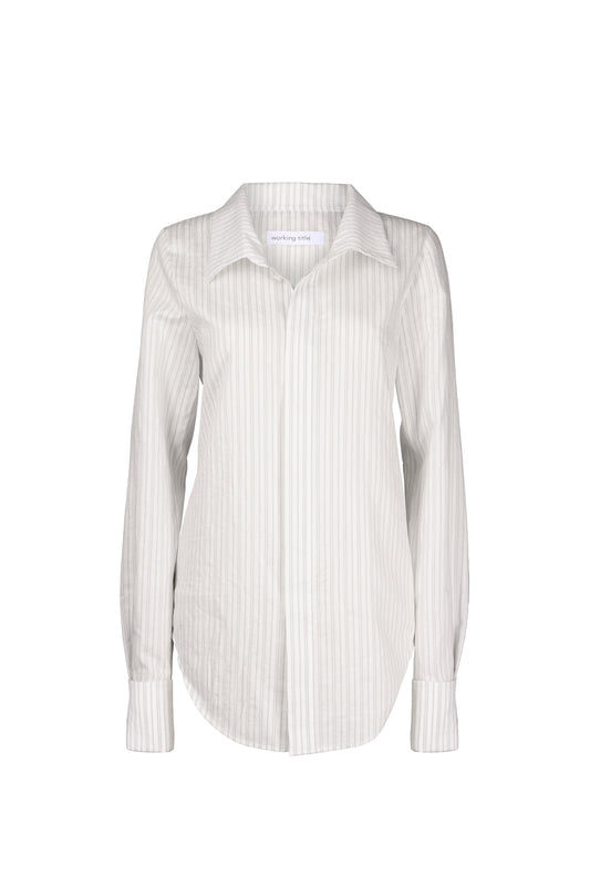 Slim fit shirt in white-striped cotton silk fabric, featuring a classic collar and folded cuffs for a sleek, sophisticated look.