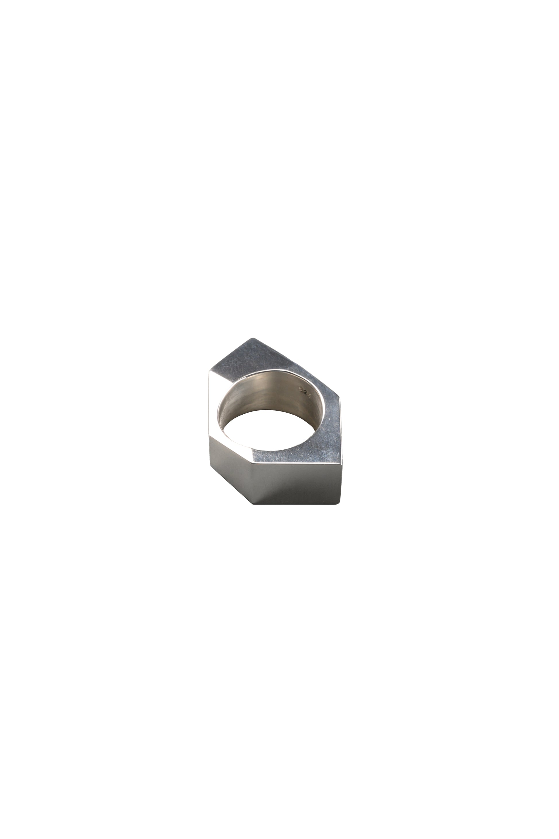 Contemporary silver ring with a unique isometric design, showcasing a minimalist and architectural aesthetic