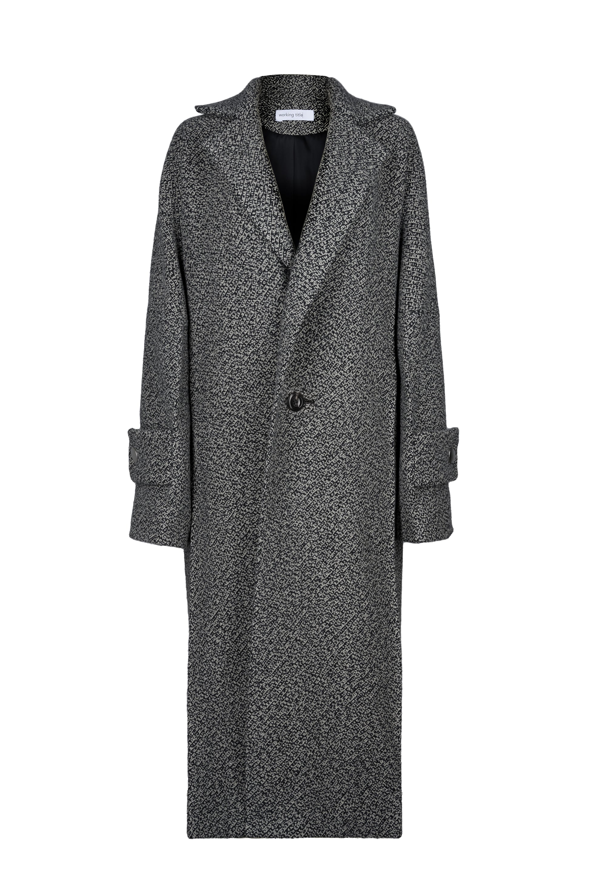 Stylish long kinono coat with a black and white woollen fabric, featuring a notched collar, single-button front closure, and soft shoulders for a sophisticated, timeless look