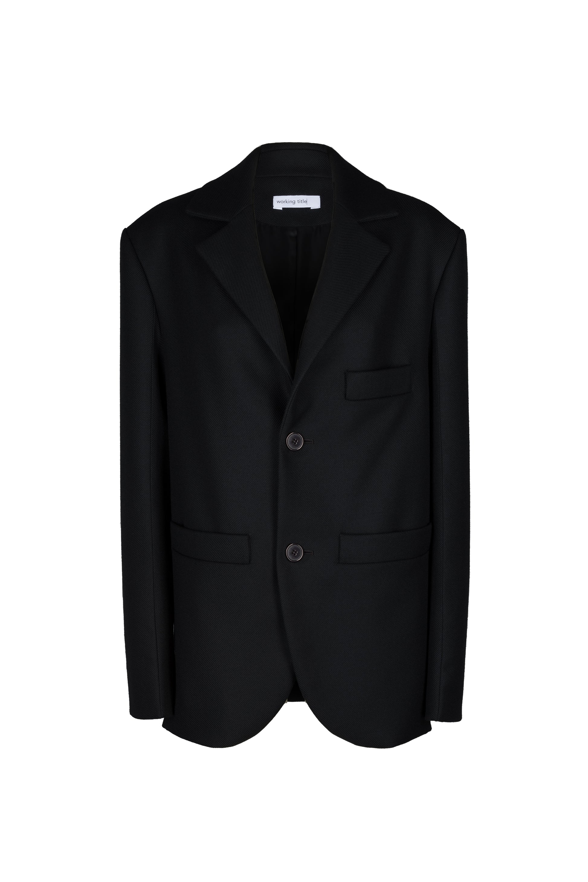 Classic black oversized unisex blazer made from Italian wool, featuring notched lapels and a double-button closure for a timeless and sophisticated look.