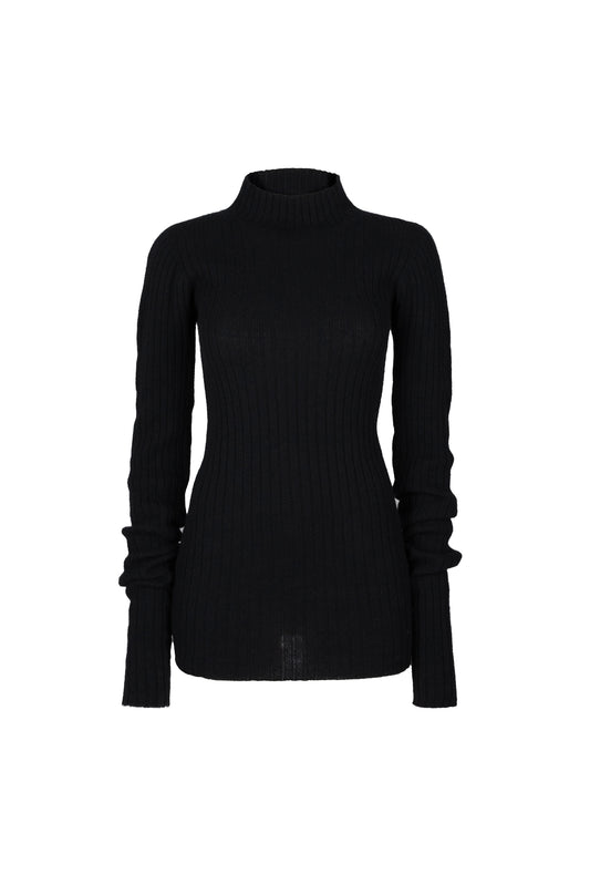 Elegant black Yun Knit Jumper with turtleneck and elongated sleeves, crafted from cashmere-silk blend using advanced 3D-knitting technology, offering a seamless fit and versatile style.
